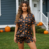 Spooky Night Satin Halloween Black Short Pajamas - Matching Sleepwear